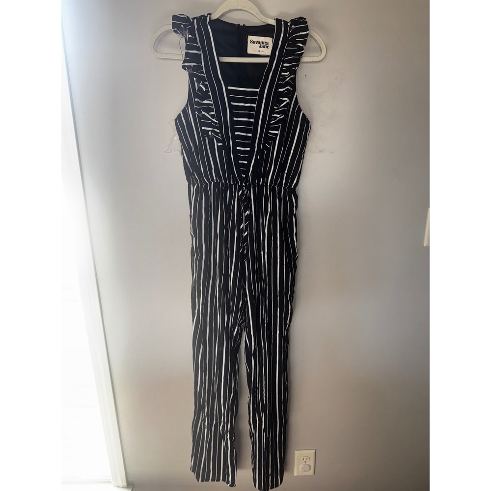 Savanna Jane Womens Black White Striped Ruffle V-Neck Jumpsuit Small